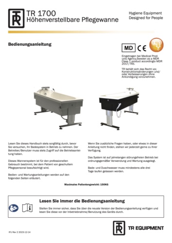 Bedienungsanleitung Hubwanne TR1700