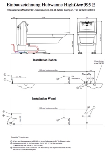 Einbauzeichnung Hubwanne Highline TR900