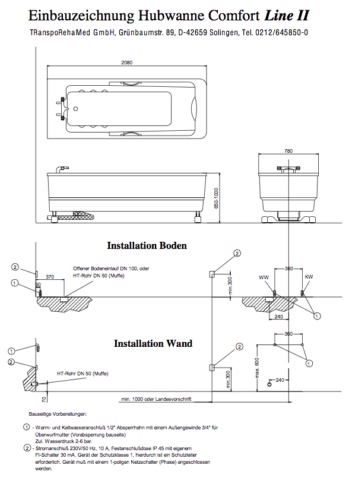 Einbauzeichnung TR Elektro Hubwanne Comfortline 2