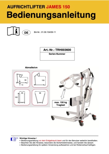 Bedienungsanleitung Elektro Aufrichtlifter James 150 TR 3600